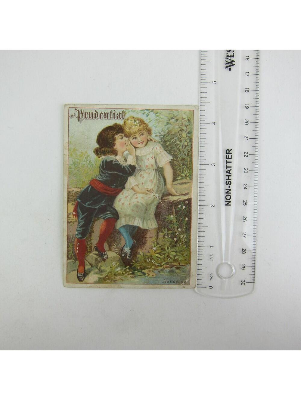 Victorian Trade Card Prudential Insurance Boy Whispers Secret to Girl Antique - Picture 8 of 12